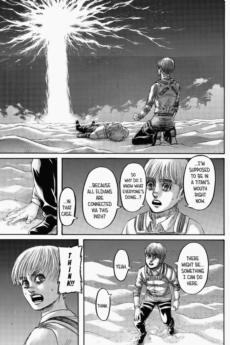 Armin’s real body is inside the titans mouth and Zeke’s is inside the Titan. But this allows them to be transported to the paths dimension. So there’s two ways of interpreting this. Either Ymir saved Zeke before he completely died OR she was able to resurrect him