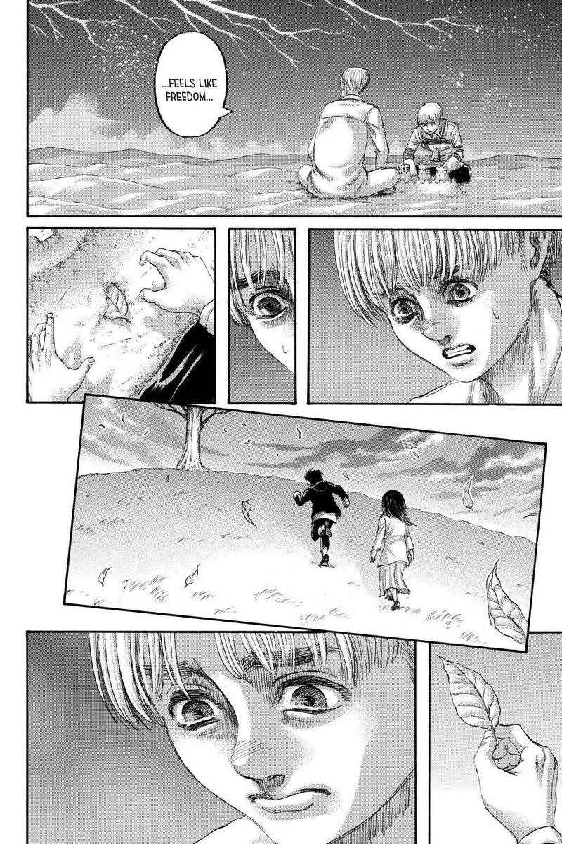 First off, the dialogue between Armin and Zeke was just masterclass and it really hit home. Life feels completely meaningless a lot of the time, but it’s the small moments that make it worth living, no matter how trivial they are. And I think that’s a really beautiful message