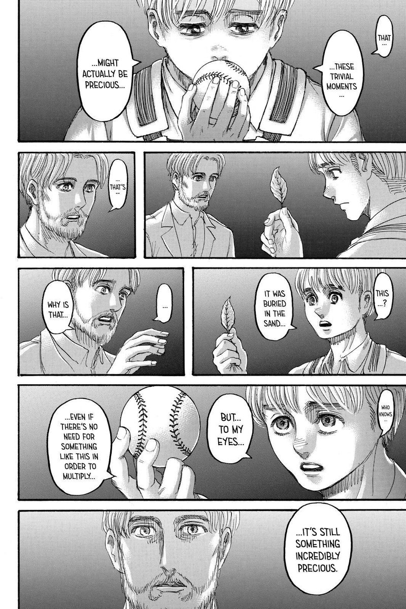 For Armin the leaf signifies the bond between his friends and the memories they shared together, the moments that made life worth living. For Zeke it appears as a baseball and being able to play catch with Ksaver represents the things he never got from Grisha. The special moments