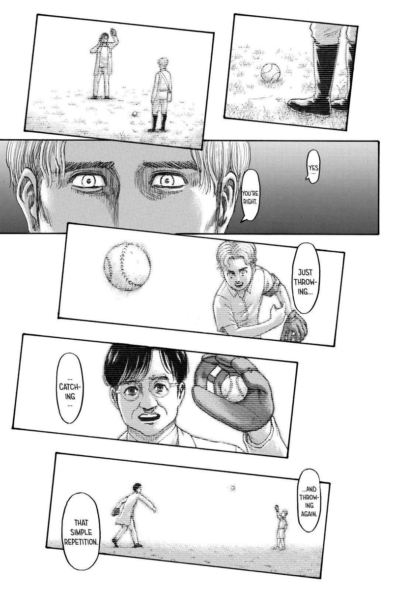 For Armin the leaf signifies the bond between his friends and the memories they shared together, the moments that made life worth living. For Zeke it appears as a baseball and being able to play catch with Ksaver represents the things he never got from Grisha. The special moments