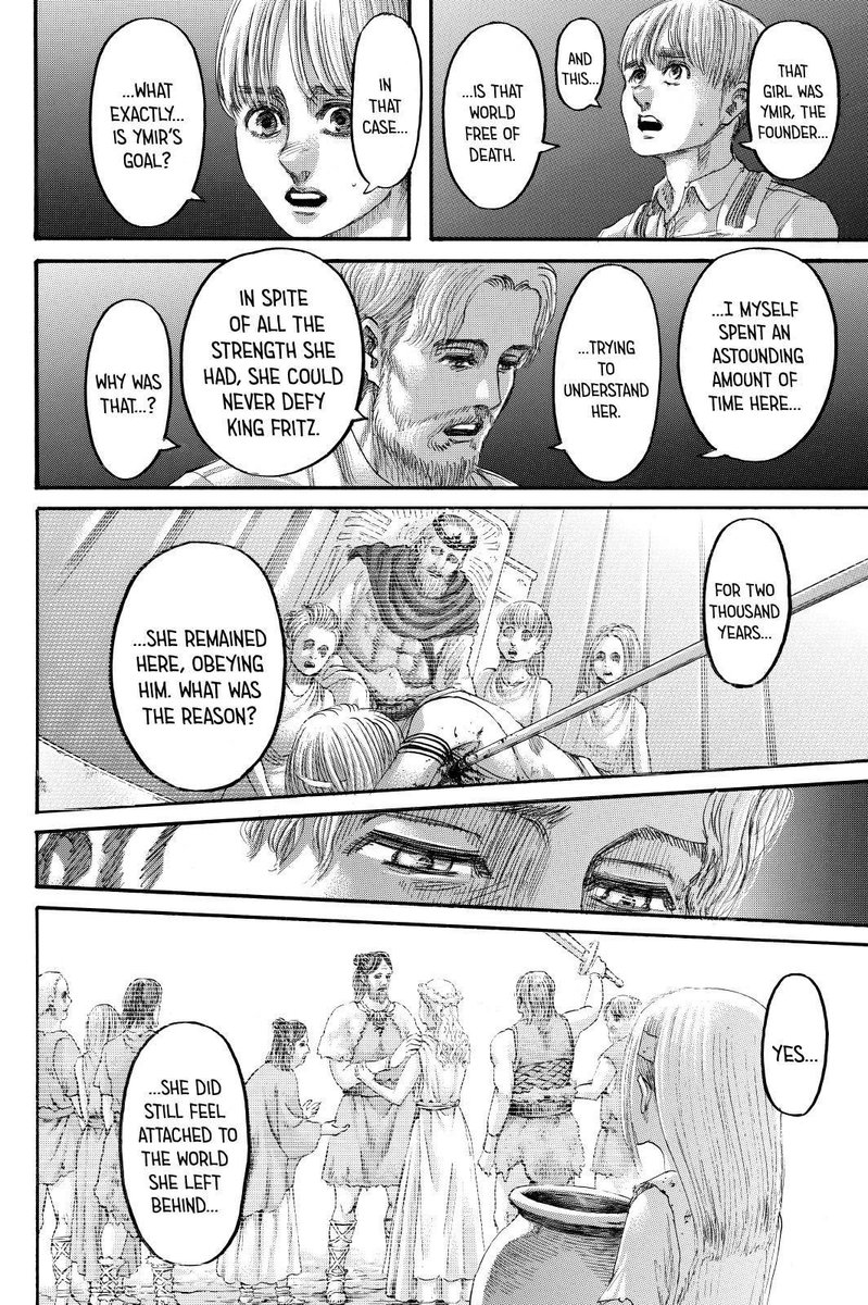 I’ve seen some people ask why Ymir didn’t use her new powers to turn on King Fritz and the answer is that she simply wanted to be loved (imo). That’s why she did all of his bidding. The reason Eren understood that and Zeke didn’t is, because he was never shown the love Eren was