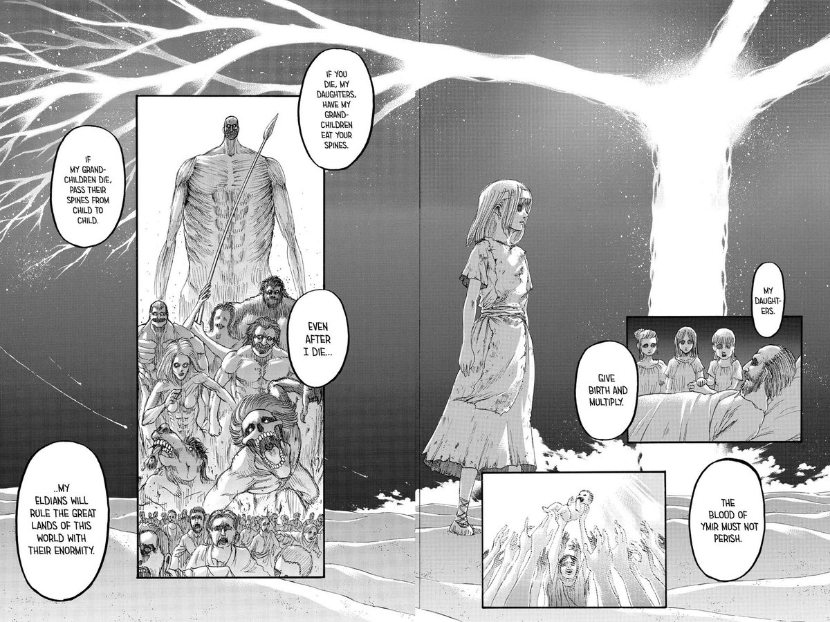 I hope this gets expanded on, but Ymir making it so that every Eldian is connected to her, just so that she isn’t completely lonely (this is how I interpret it) is honestly pretty sad. Also, Maybe she saved Zeke in 115, because it was important in getting what she wanted?