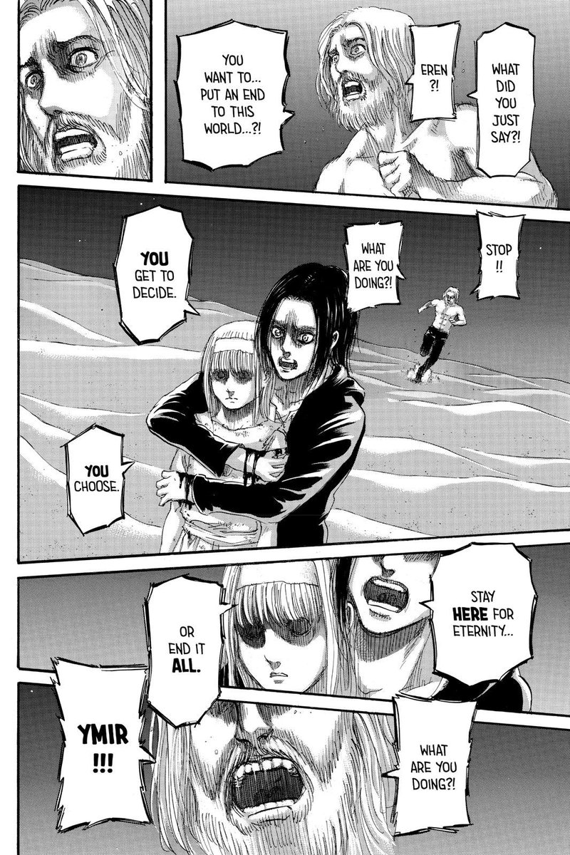 I do have some questions though. Why did the rumbling stop when Zeke died? Wasn’t the point of Eren freeing Ymir that SHE was the one to choose how the power is used? He was the key for the rumbling to start, but Dina was also the key and even after she died the order didn’t stop
