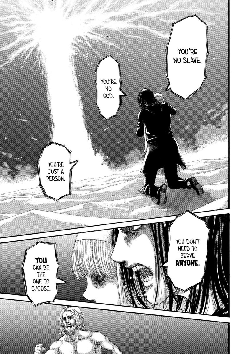 I do have some questions though. Why did the rumbling stop when Zeke died? Wasn’t the point of Eren freeing Ymir that SHE was the one to choose how the power is used? He was the key for the rumbling to start, but Dina was also the key and even after she died the order didn’t stop