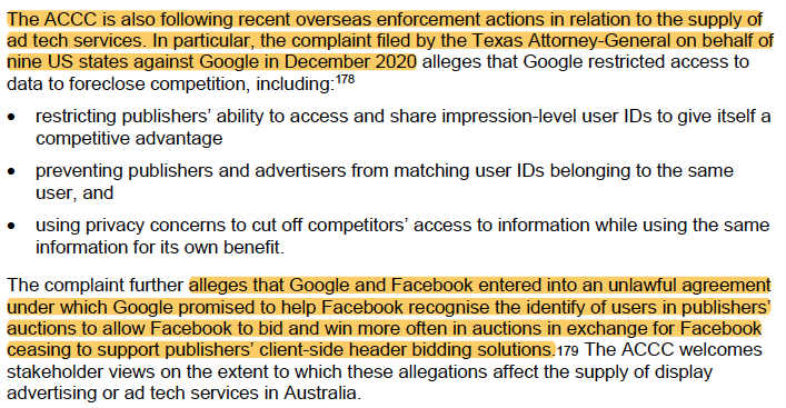the Texas-led case against Google for adtech is most recent having been filed in Dec. I did a previous thread on it (now over 2mil impressions -  https://twitter.com/jason_kint/status/1339349312694837250?s=20). pg 77 references the extremely concerning allegation of bid rigging between Google and Facebook. /9