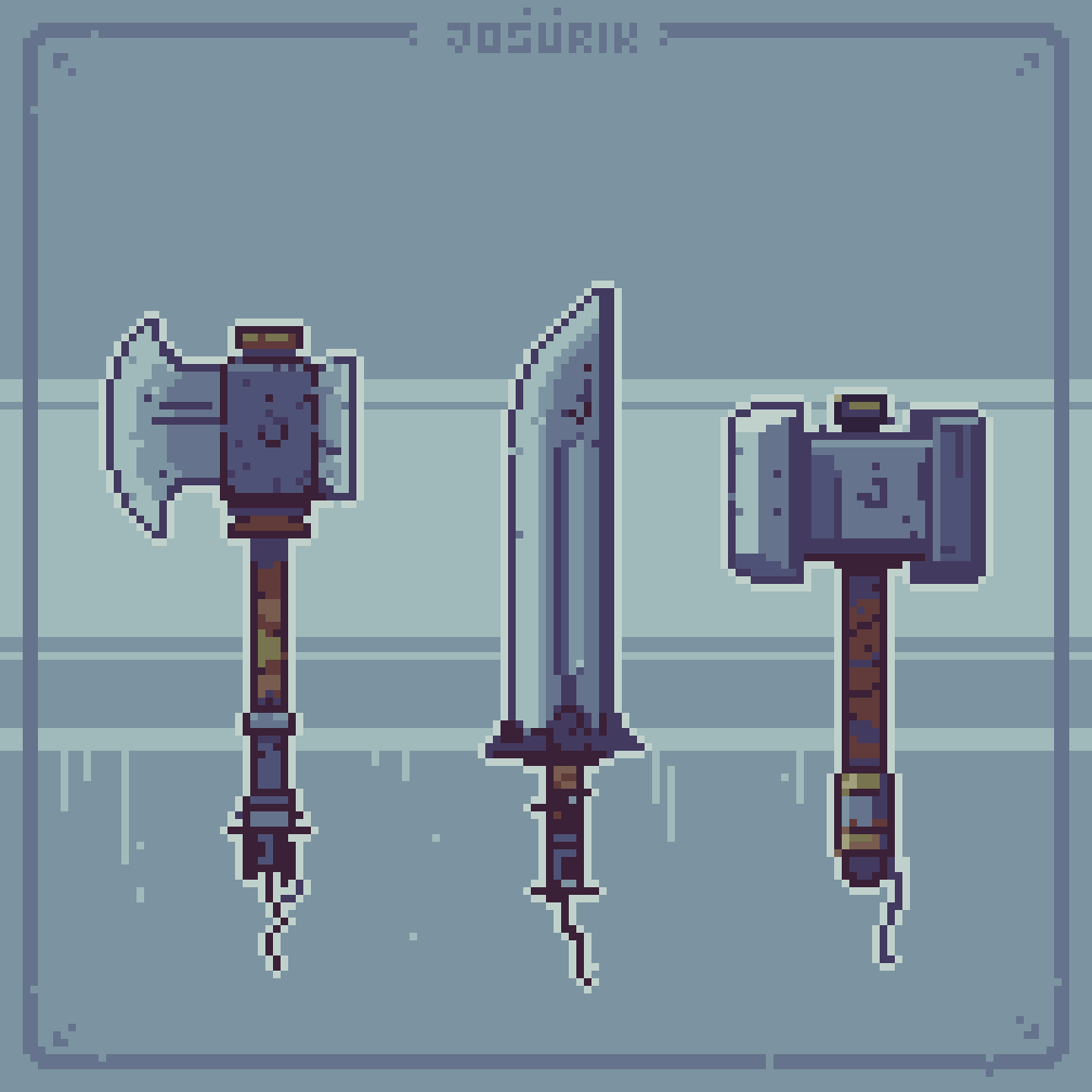 josurik_'s tweet photo. Weapons! #pixelart #gameart #weapons #retro #aseprite https://t.co/Hb3pqTBvn3