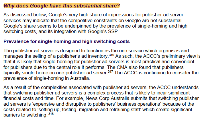 Australia report goes through countless samples of "Why does Google have this share?" explaining conduct issues like tying and market failures providing for Google's dominance in various areas of adtech and data surveillance. /10