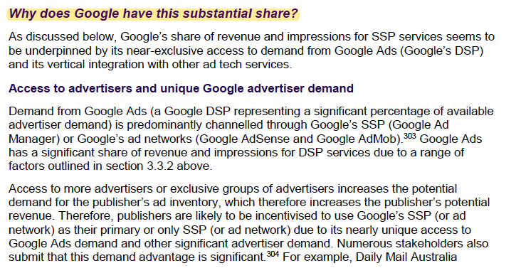 Australia report goes through countless samples of "Why does Google have this share?" explaining conduct issues like tying and market failures providing for Google's dominance in various areas of adtech and data surveillance. /10