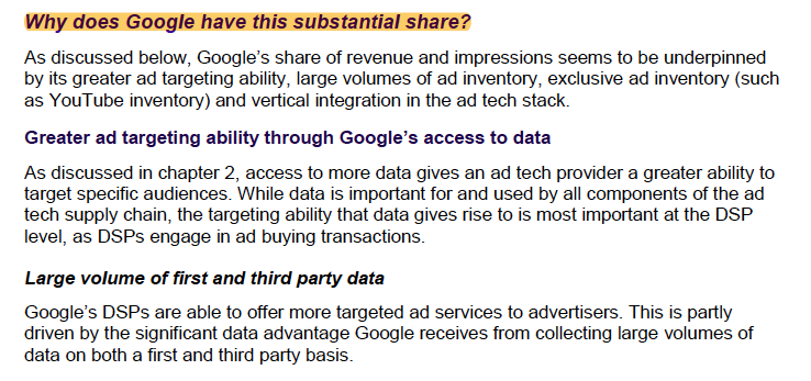 Australia report goes through countless samples of "Why does Google have this share?" explaining conduct issues like tying and market failures providing for Google's dominance in various areas of adtech and data surveillance. /10