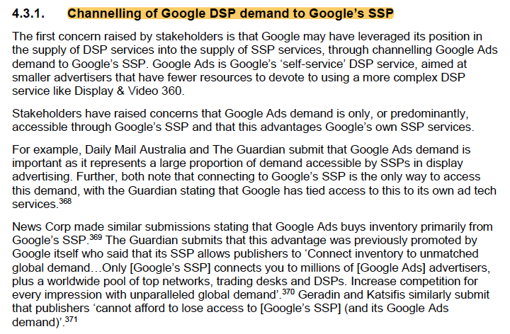 it's not that different than channeling of ad demand towards clients of Google's supply-side adtech. It's in TX-lawsuit and covered in the Australian (ACCC) report on pp130-131. I've heard Google has threatened to cut demand for pubs who don't preserve Goog's data access. /12