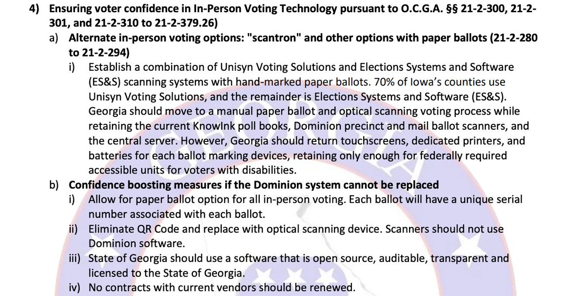 The GAGOP falsely says  @dominionvoting systems aren't auditable or transparent, then suggests a mandated switch away from BMDs to hand-marked paper ballots with a specific vendor (state procurement probably wouldn't allow that)Georgia GOP SOS/lege just approved BMDs in 2019!