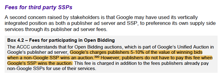 Also making appearances (40x+ mentions) in the Australia report is the brilliant investigation and report done by UK advertisers ( @ISBAsays). When you get to concerns like Google's additional fees for publishers using a competitive SSP, that report matters. It matters a lot. /13