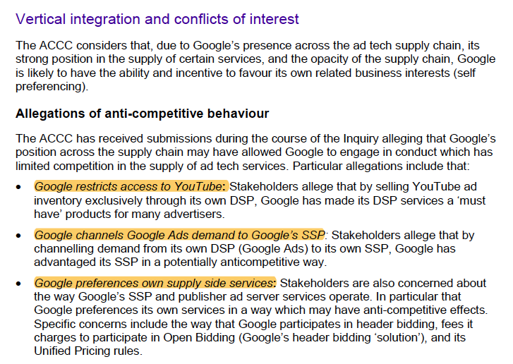 and ACCC makes it clear these are allegations of anti-competitive behavior (of course, in a preliminary report). That this mirrors the findings of Texas-led state AGs and UK concerns plus EU coming means it's landing in a big, big way. Google should be in huge trouble. /15