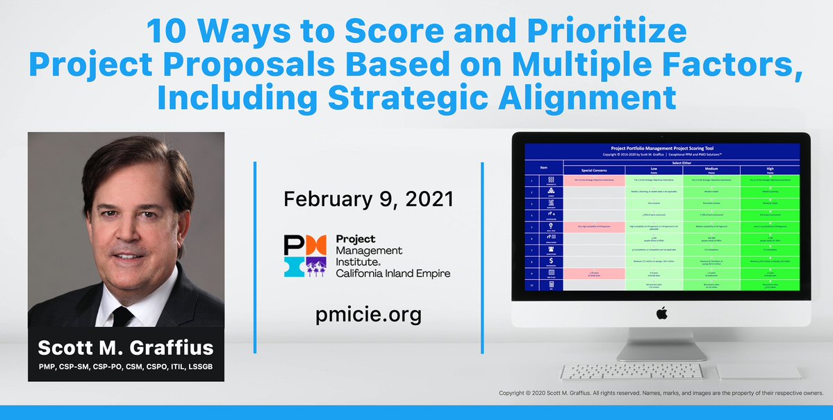 ScottGraffius's tweet photo. TOMORROW at @PMICIE
โ10 Ways to Score and Prioritize Project Proposals Based on Multiple Factors, Including Strategic Alignmentโ
๐ Feb. 9th
๐ 6:00-8:00 p.m. Pacific Time
๐ Everyone is welcome
๐ Online
๐ Info & tickets https://t.co/nyesQeABNQ
#ProjectManagement #PMICIE https://t.co/JHLWM4vBA8