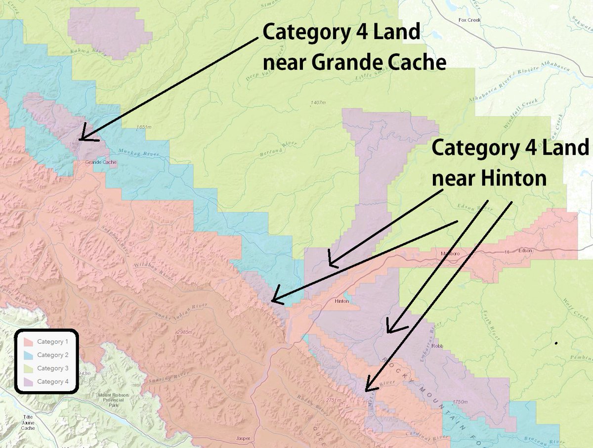 Firstly, there were sections of the Rockies / Eastern Slopes where open-pit mining was specifically allowed under the 1976 Coal Policy.These were "Category 4" lands and they included sections of land near Hinton & Grande Cache where mines have operated for decades.