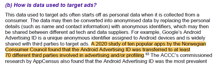 For those following Apple's shift to restrict use of its identifier as a vehicle for tracking (Facebook is leading the war to fight this privacy improvement), ACCC includes this interesting stat that Android's ID version is shared w/ 70+ companies across 10 popular apps. /18