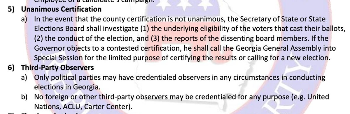 In a sign that transparency is totally the goal, the GAGOP wants to ban the  @CarterCenter,  @ACLUofGA and anyone not a political party from being a credentialed monitor of elections (?!)Also, they want the governor to be allowed to call a special session or new election (?!)