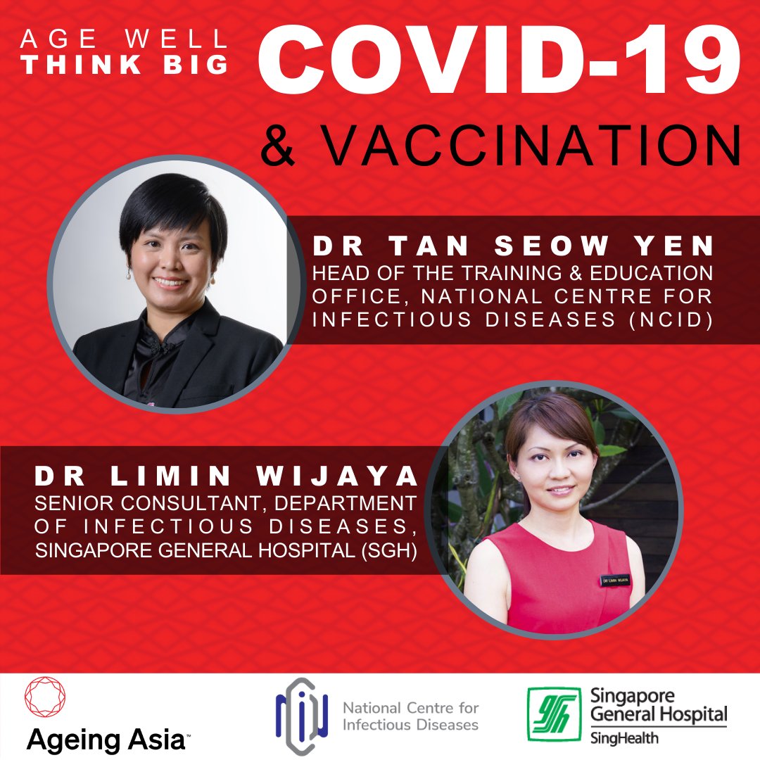 With the COVID-19 vaccine rollout on the horizon, there are tonnes of questions and discussions.
On Feb 24, 2pm-3pm (SGT), Ageing Asia founder and managing director Janice Chia will be interviewing Dr Tan Seow Yen and Dr Limin Wijaya. Register today at bit.ly/AAcovid19andva…