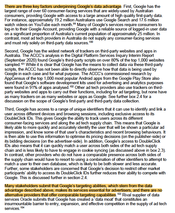 p64 lists 3 factors for Google's data advantage underpinning its moats/monopolies. 1) 60 consumer-facing services, 2) tracking across 75% of web, 3) IDs to connect the two together (which they once promised not to do - see  @JuliaAngwin Propublica report in 2016). /21