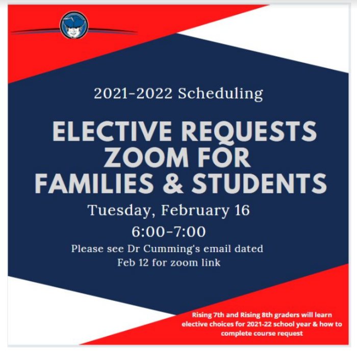 BernardMiddle's tweet photo. 2021-2022 7th and 8th grade @BernardMiddle Patriot Families:

Mark your calendars for Tuesday, Feb. 16th at 6:00pm. Our school counselors and administrators will meet with current families to discuss the scheduling process for elective classes in the upcoming school year https://t.co/pCbN8dKEVM