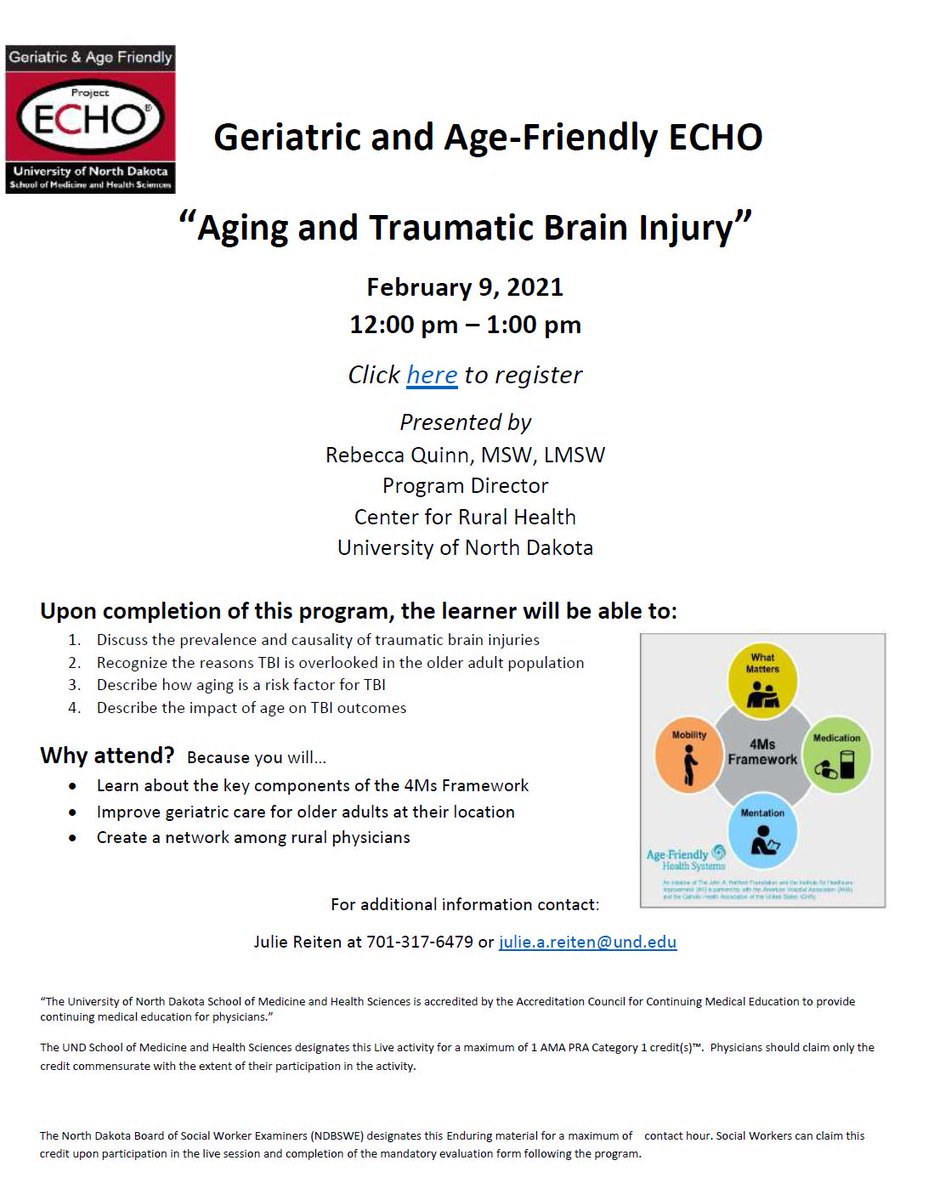 Dakota_GWEP's tweet photo. Join us tomorrow, February 9 at 12pm CT as Rebecca Quinn, MSW, LMSW presents on "Aging and Traumatic Brain Injury" #Aging #Mentation #MedEd
Approved for 1 AMA RPA Category 1 credit & 1 ND Social Worker face-to-face contact hour.
To Register: https://t.co/TcHCkJoLhk
Read less https://t.co/2uXkVIEc0J