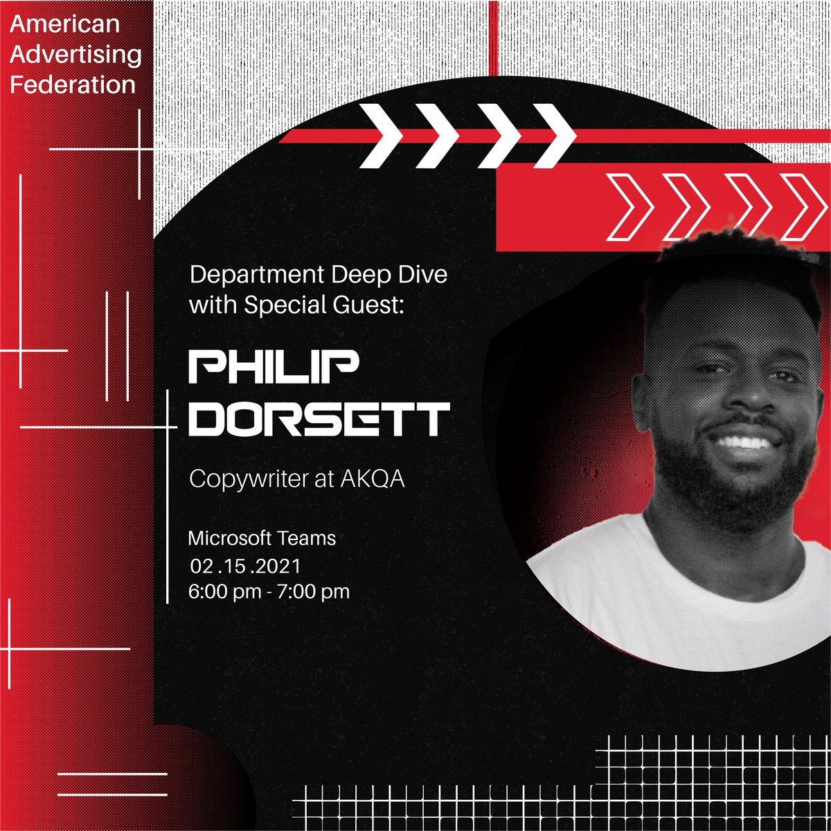 AAFUH's tweet photo. Woo hoo! Coming up next week in our Department Deep Dive is.. drum roll please.. Copywriting! 🤓📄 

Make sure to join us on Teams next Monday, Feb. 15 at 6PM for some awesome insight from our special guest,  Philip Dorsett, a copywriter at AKQA! 

We’re so excited! Are you? 😃 https://t.co/6VdD0ZYKjC