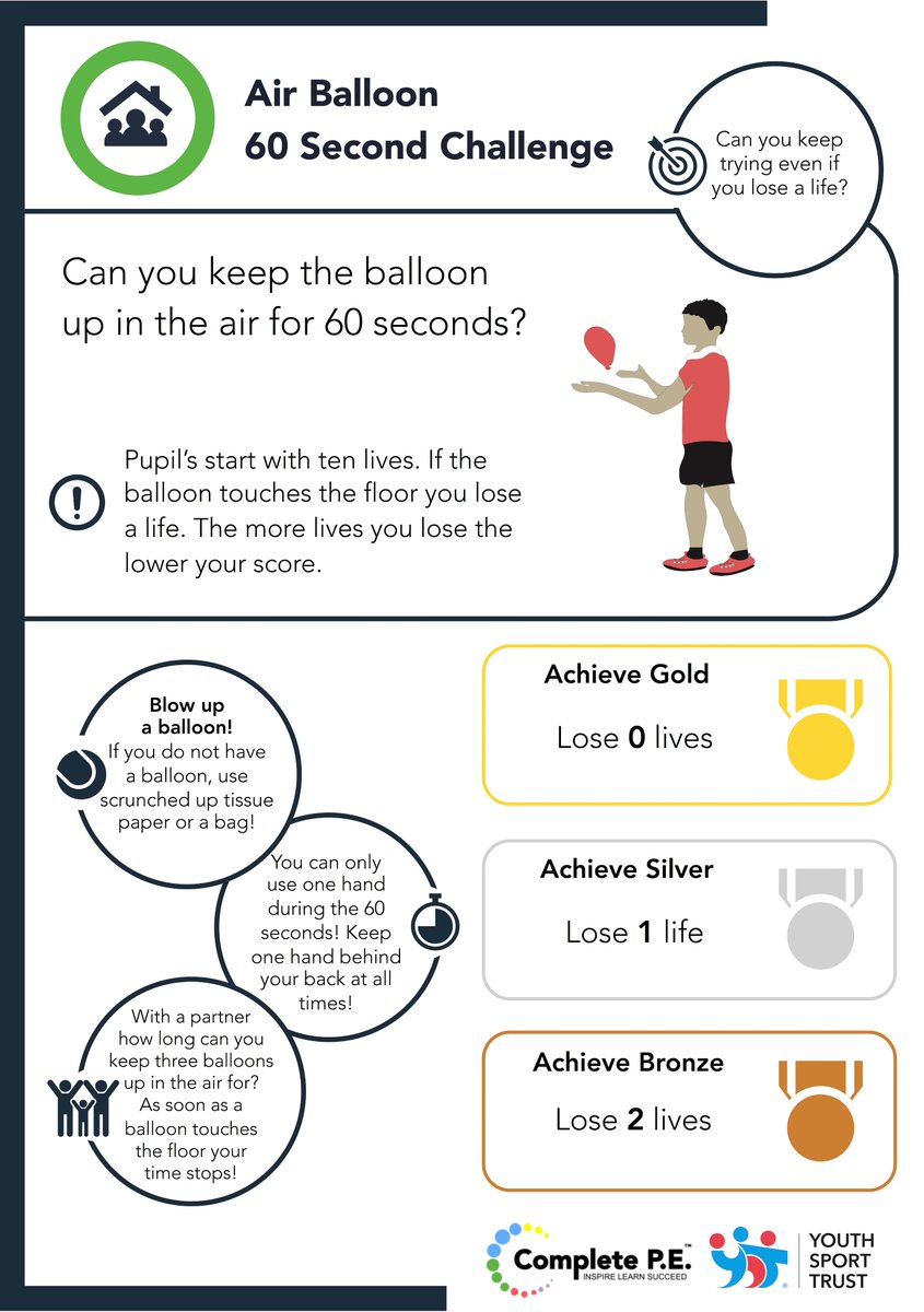 ⏰ Blow up a balloon and see if you can keep it in the air for 60 seconds! 

Can you collaborate with a partner and see if you can keep three balloons up in the air? If your playing on your own challenge yourself and use a ball instead of a balloon. #ActiveatHome🎈