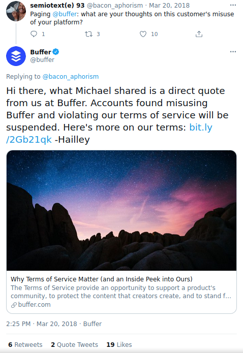 Buffer replied within the above thread confirming that  @msainat1's tweet was accurate. https://twitter.com/buffer/status/976177819108638722