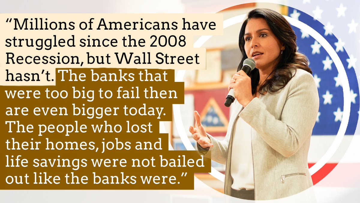 hibiscus4tulsi's tweet photo. "Millions of Americans have struggled since the 2008 Recession, but Wall Street hasn’t. The banks that were too big to fail then are even bigger today. The people who lost their homes, jobs and life savings were not bailed out like the banks were." ~ @TulsiGabbard ~ #Tulsi2024 https://t.co/nXp1ObZ71W