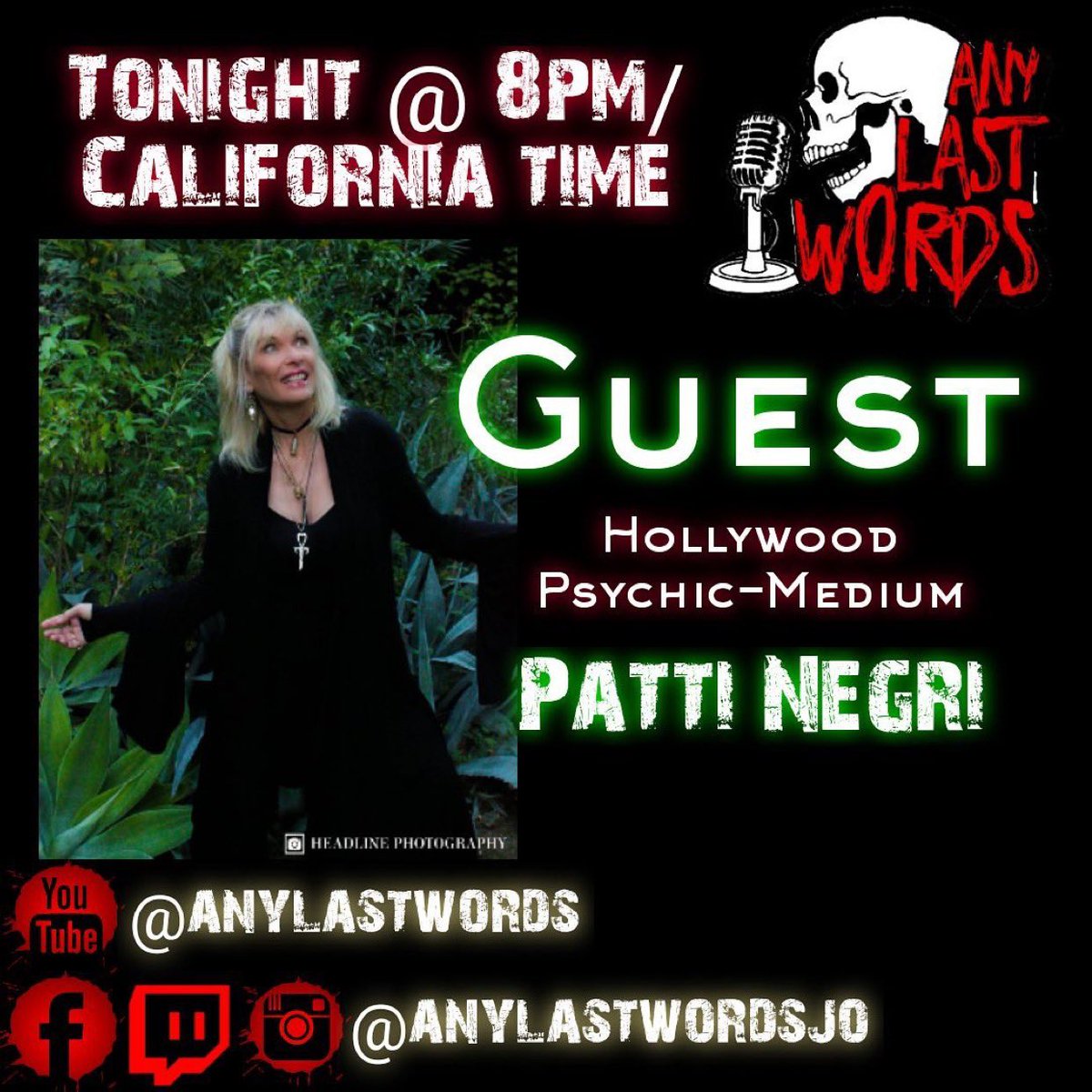 PattiNegri's tweet image. Patti Negri x Any Last Words Jo 
Live tonight 8pm PST @pattinegri talks with @anylastwordsjo 
#lynkpr #getnoticed #press #celebrity #celebrities #pr #prlife #publicity #publicrelations #publicist  #presspic #connecthermedia 
 #GoodWitch  #TheWitchingHour  #PattiNegri