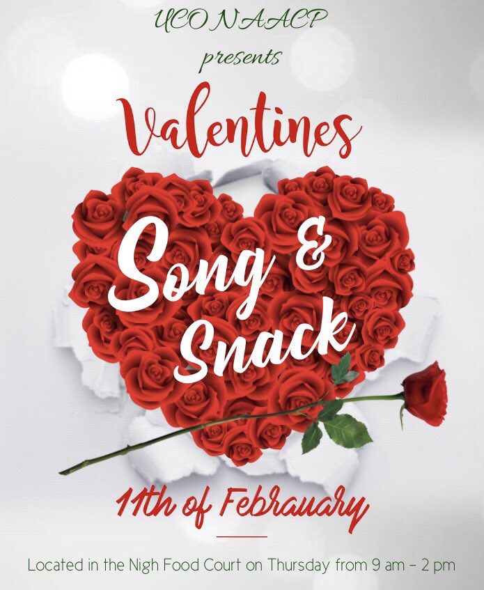 UCO NAACP is kicking off Black History Month with some love in the air. 🌹 Come support our Song &amp; Snack fundraiser this THURSDAY from 9 am - 2 pm in the Nigh food court for some sweet snacks &amp; singing telegrams! ♥️ Bundle up and come visit with NAACP &amp; hear about our next event!