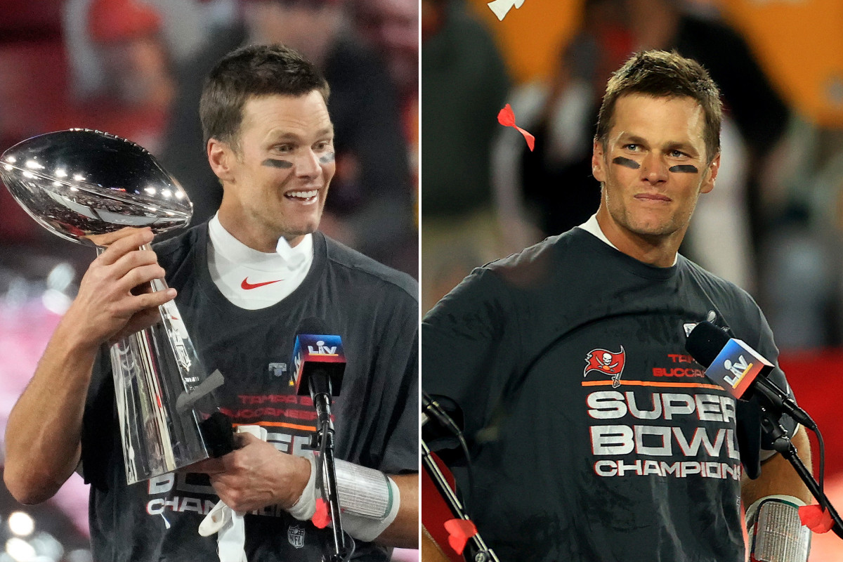 Tom Brady covers up Nike logo during Super Bowl 2021 trophy presentation