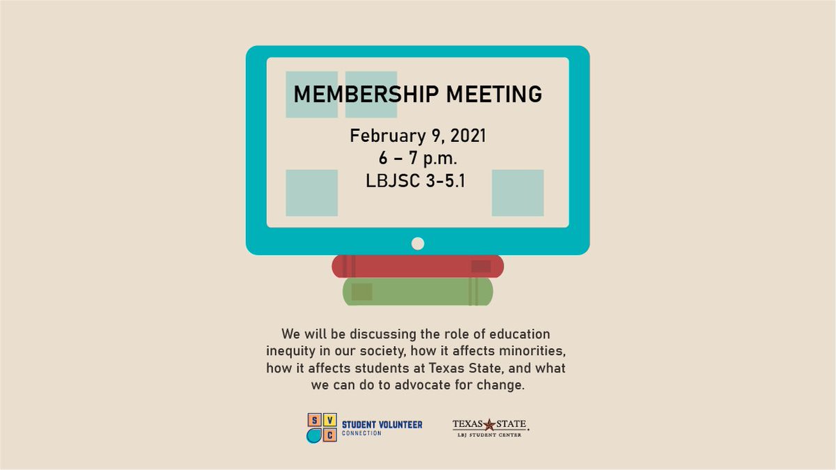 TXST_SVC's tweet image. Come join us for our 1st in person meeting of the semester! We will be meeting at LBJSC 3-5.1 TOMORROW (2/9) from 6-7 p.m. We will begin a discussion over education inequity and would like you to join us!
