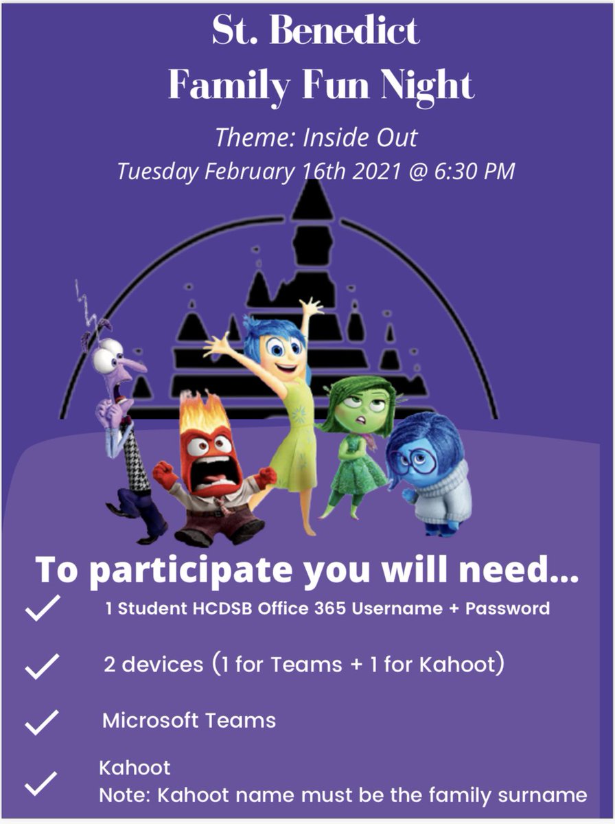 Mark your calendars!Feb16 we are hosting another magical family fun night💫The theme is @disneyplus movie:Inside Out!Make sure to watch the movie in preparation of our <a href="/GetKahoot/">Follow @Kahoot</a> #BeneFamilyFunNight Mr.Guerin will deliver pizza to our top 3 families 🏆🍕🏆