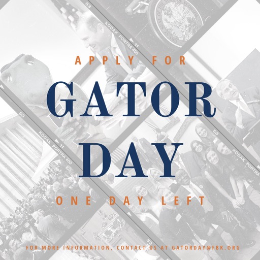 FloridaBlueKey's tweet image. Applications to attend Gator Day are still open! Applications are due tomorrow, Tuesday, February 9th, 2021 at 5PM. If you have any questions, please reach out to GatorDay@FBK.org.