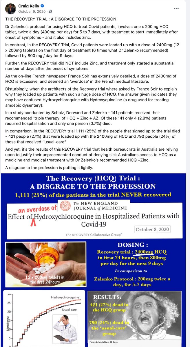 While promoting hydroxychloroquine to the head of the TGA, Kelly claimed a massive study that found no benefit for HCQ had mistakenly tested the wrong drug, somehow.The TGA head said that's impossible. Kelly ignored that and kept posting that claim to his massive FB audience.