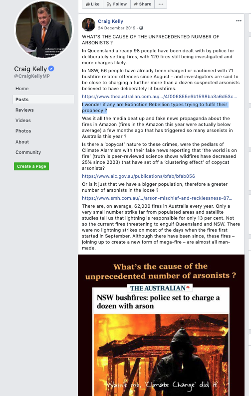 He also propagates stupid conspiracy theories: that Extinction Rebellion was lighting fires during the bushfires, that the US Capitol insurrection was a false flag operation, that the World Economic Forum was behind a push to get rid of medals post the Brereton Report