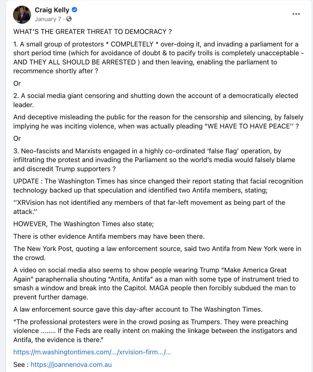 He also propagates stupid conspiracy theories: that Extinction Rebellion was lighting fires during the bushfires, that the US Capitol insurrection was a false flag operation, that the World Economic Forum was behind a push to get rid of medals post the Brereton Report