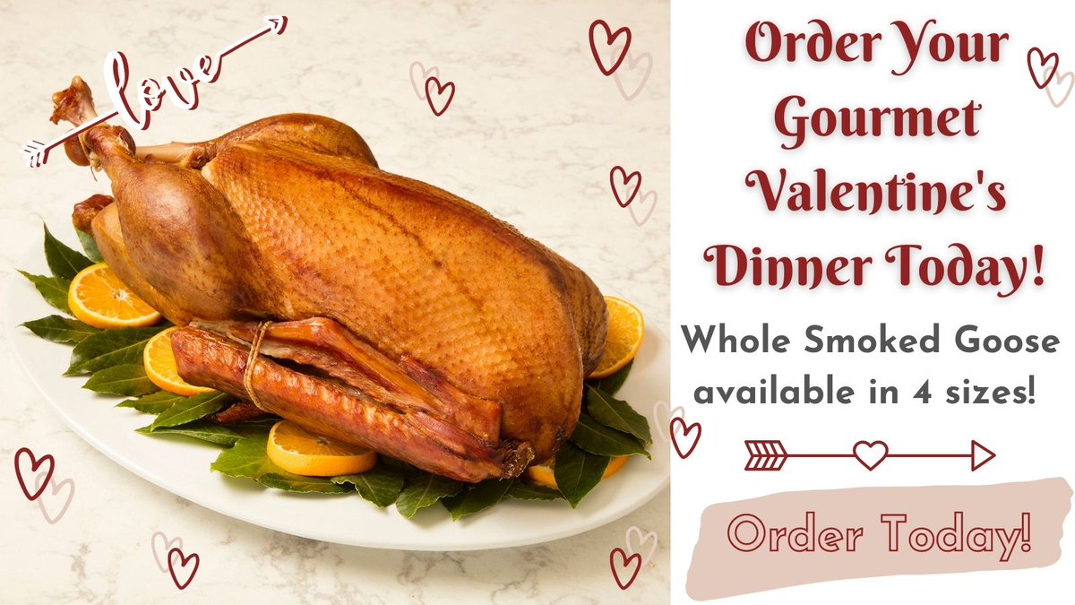 Roast_Goose's tweet photo. Hopefully you’ll look as longingly at your Valentine as you will this Smoked Goose! ❤️

We have 4 sizes to help you create a gourmet dinner without hours of prep-we even have a 4-5 lb. Smoked Goose that’s perfect for an intimate dinner for two!

Order at https://t.co/DDj2WC0n6b! https://t.co/DYYXeoTL4J