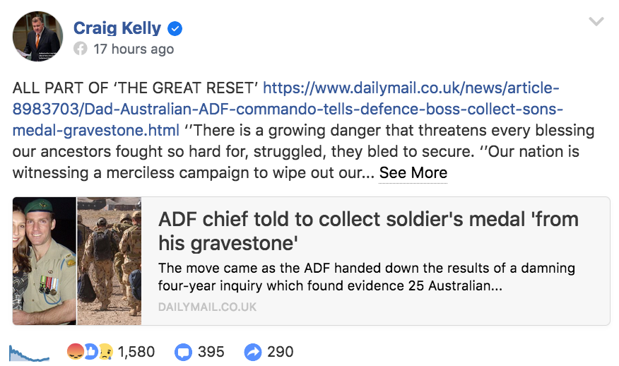 He also propagates stupid conspiracy theories: that Extinction Rebellion was lighting fires during the bushfires, that the US Capitol insurrection was a false flag operation, that the World Economic Forum was behind a push to get rid of medals post the Brereton Report