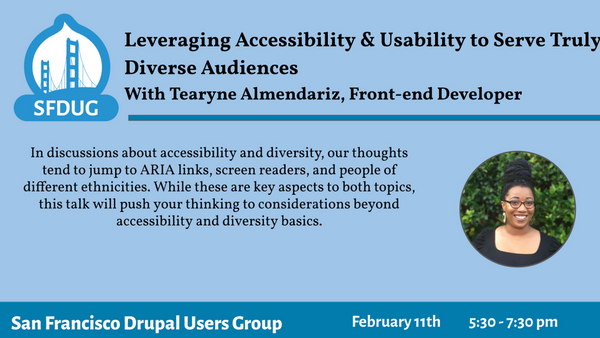 BADCamp's tweet photo. Leveraging Accessibility and Usability to Serve Truly Diverse Audiences with @TearyneG of the @drupaldiversity group this Thursday at #SFDUG
Feb 11 - 5:30pm PT
RSVP: https://t.co/y0gVdRJOyv https://t.co/Nm1uEeJx7V