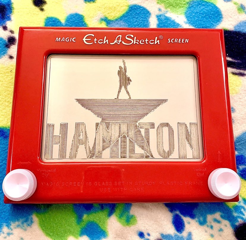 ycatSAllen's tweet photo. My new #quarantineactivity - #etchasketch drawings!!  Apparently I have a #hiddentalent for this! @Lin_Manuel Can’t wait for #theatre to open back up! Thank Heavens I can watch @hamiltonmusical on @disneyplus!! #hamilton #aaronburr #theroomwhereithappens #musicaltheatre https://t.co/GBq1uBmA3e