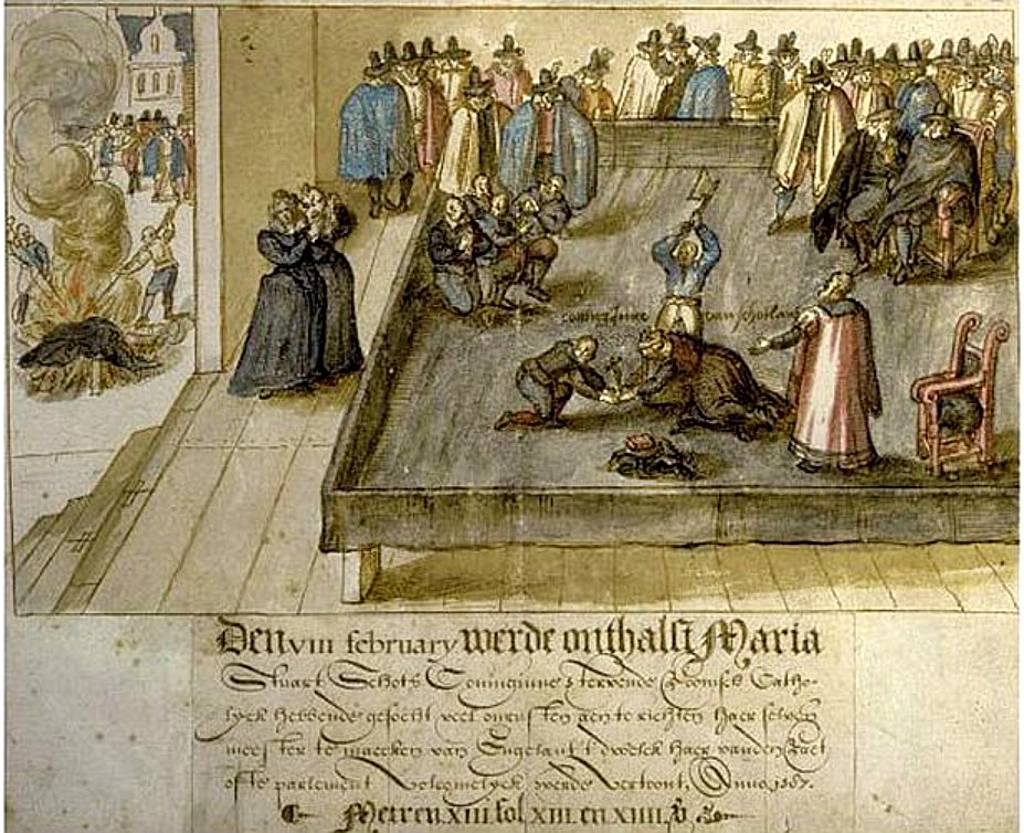Drawing of the execution of Mary Queen of Scots, with Dutch inscription describing the sad event. Which occurred on this day in 1587