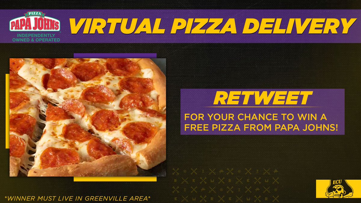 ECUAthletics's tweet photo. Celebrate #NationalPizzaDay a day earlier! Retweet this tweet for a chance to win a free pizza from @PapaJohns! 🍕🏴‍☠️ https://t.co/cTSVD6d46Z