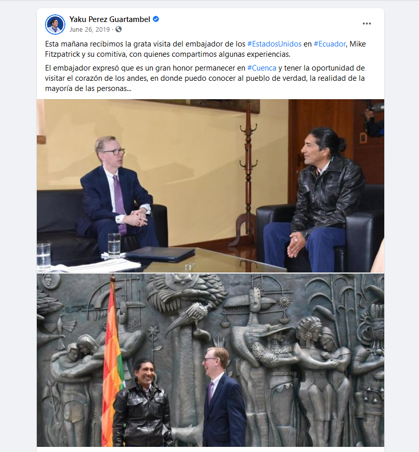 While Ecuador's fake "left-wing" presidential candidate Yaku Pérez condemns socialists in Latin America, he's curiously silent about the murderous US govtYaku has friendly meetings with the US ambassador, & posed with a US flag at a welcome party for him https://thegrayzone.com/2021/02/06/yaku-perez-pachakutik-ecuador-us-coup/