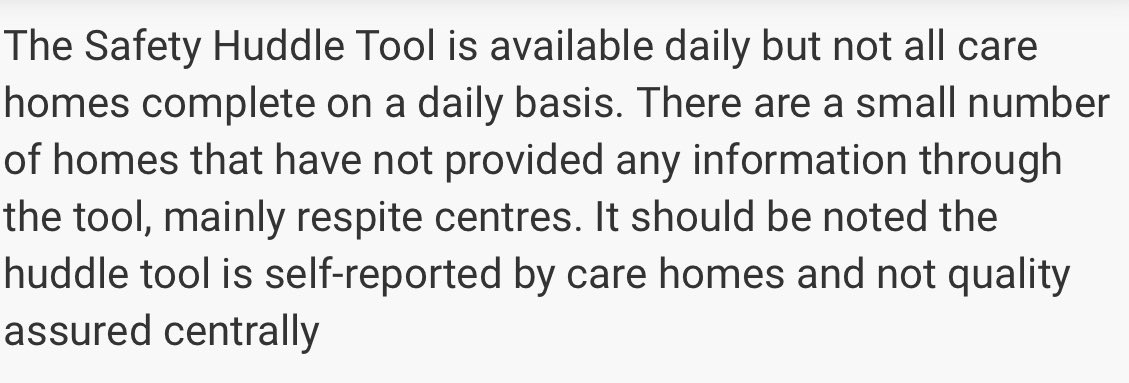 The next issue is that the data is based on self reporting and the technical note makes it clear that it’s not completed by all care homes and not all update daily - it is not quality assured. 6/