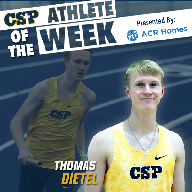 Congrats to Thomas Dietel of <a href="/CSPBearsXCTF/">CSP XC/Track & Field</a> on being named to CSP/<a href="/acrhomes/">ACR Homes</a> Male Athlete of the Week!
🐻Placed 1st in the 60m and 200m at the Bison Open 
👟Ranks 6th in the NSIC in the 60m (7.00)
🏆Ranks 4th in the NSIC in the 200m (22.42)
🔥Set a new PR in both the 60m and 200m