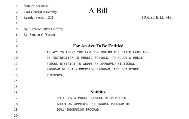 Arkansas is one of just a handful of states that don’t permit bilingual/dual immersion programs, which promote bilingualism, facilitate English proficiency for language learners, and increase workforce and global competitiveness. HB1451 fixes that. ¡Adelante!