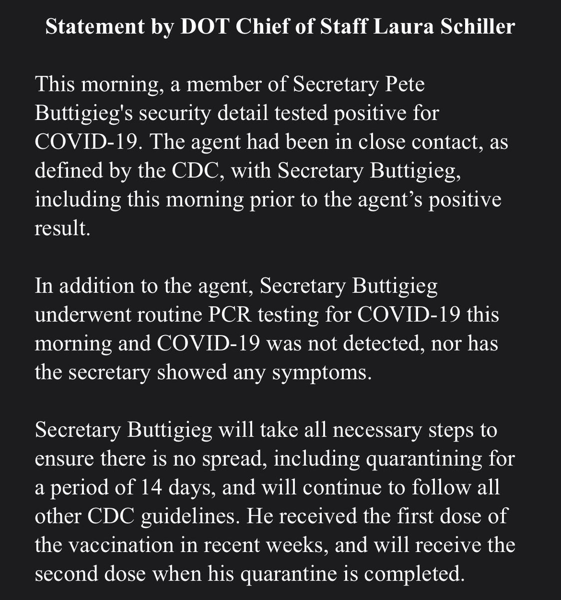 GioBenitez's tweet photo. .@SecretaryPete is in quarantine after his security detail tested positive for COVID-19. Secretary Buttigieg tested negative this morning. https://t.co/nW33r18fzp