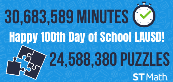 EmilyYoungEDU's tweet photo. Spreading the Love for @LASchools: Happy 100th Day of School this Year! Look at your @STMath Accomplishments! #SeeTheMath #MathFun #STMathLAUSD https://t.co/N0wjz59QG2